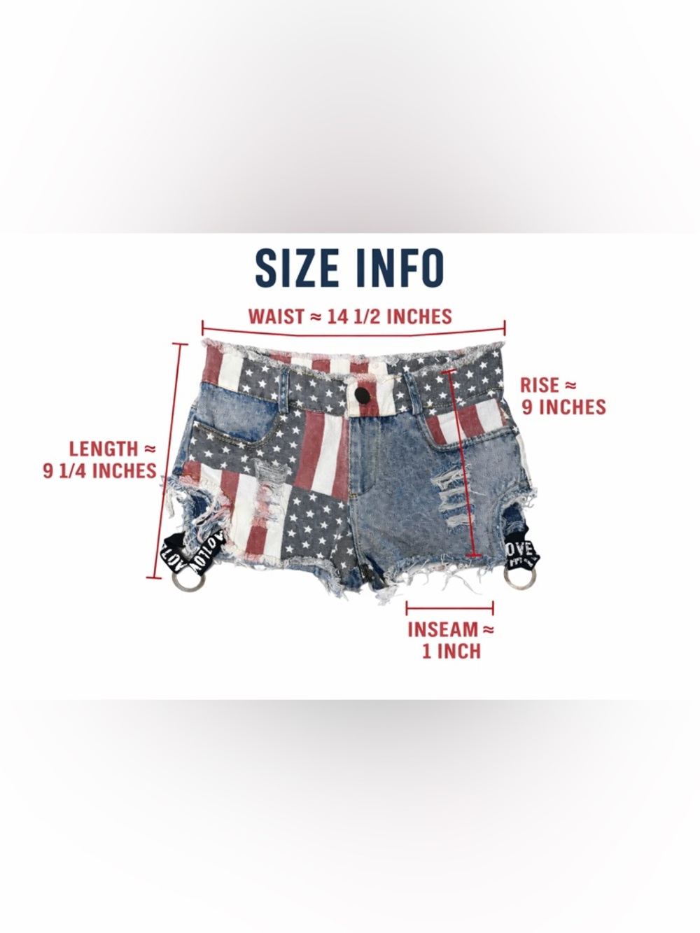 American Flag Patchwork Distressed Denim Shorts w/ LOVE Straps High Rise - Picture 3 of 5